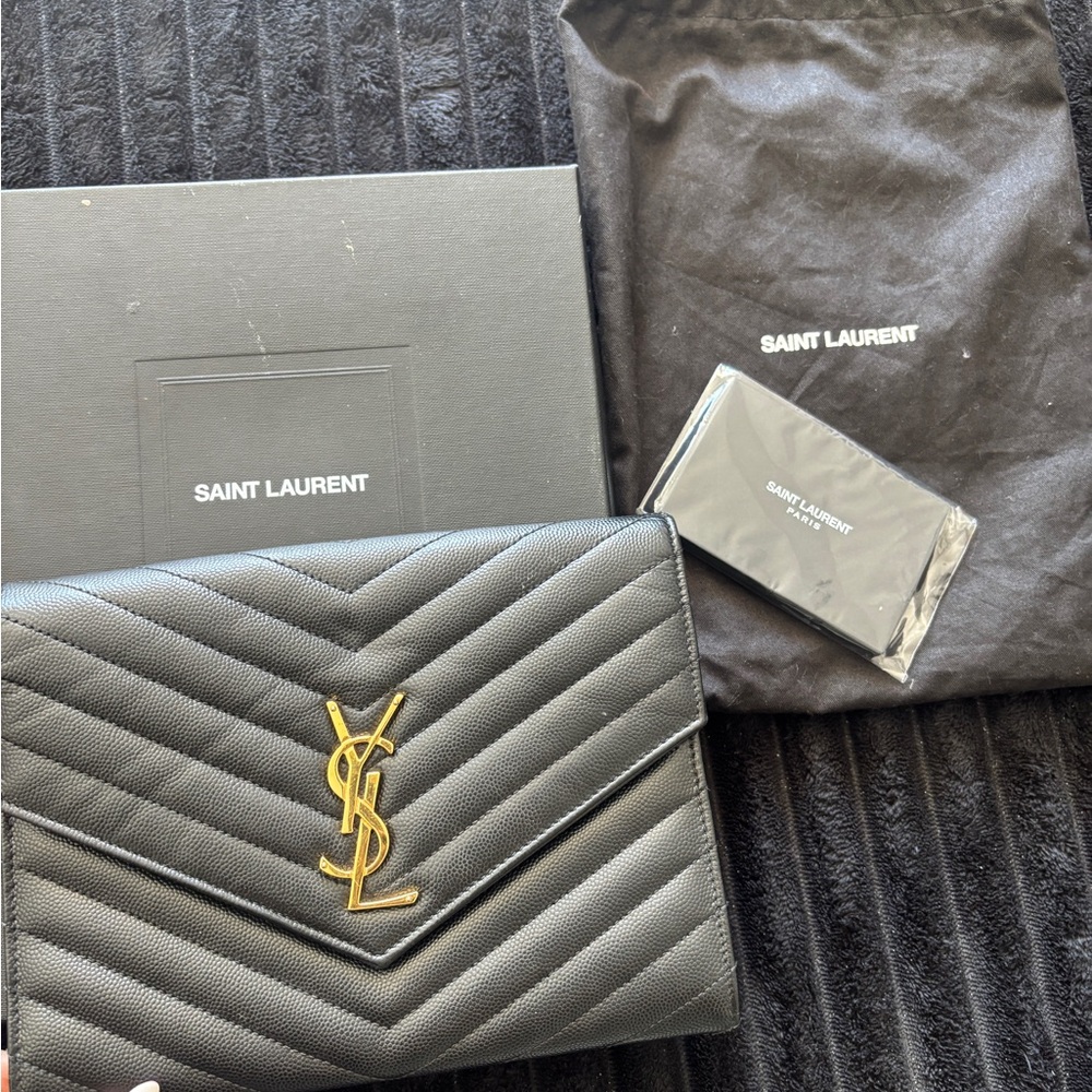 Saint Laurent Black Quilted Leather Clutch with Gold Logo
